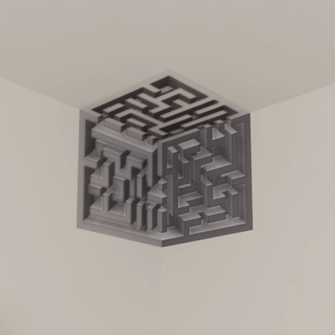 Adesivo 3D de canto Labirinto Concreto instalado no teto