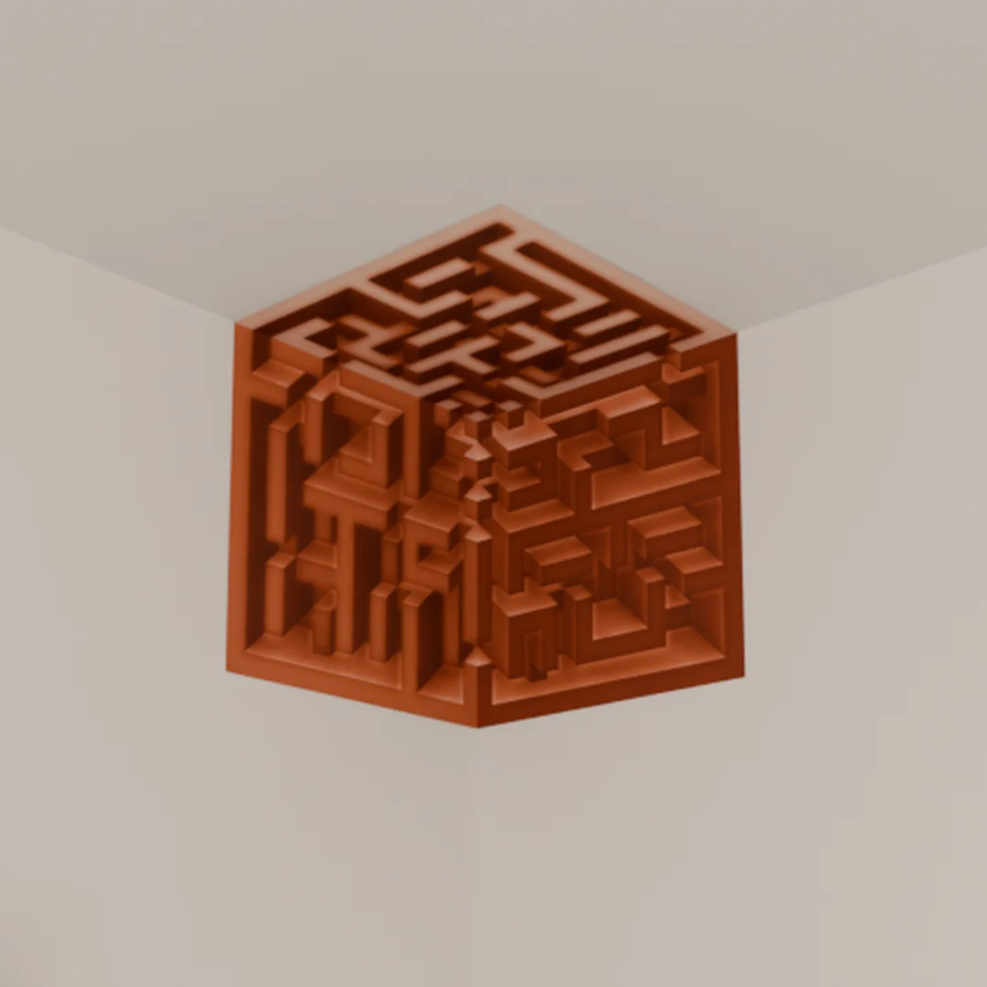 Adesivo 3D de canto Labirinto Terracota instalado no teto