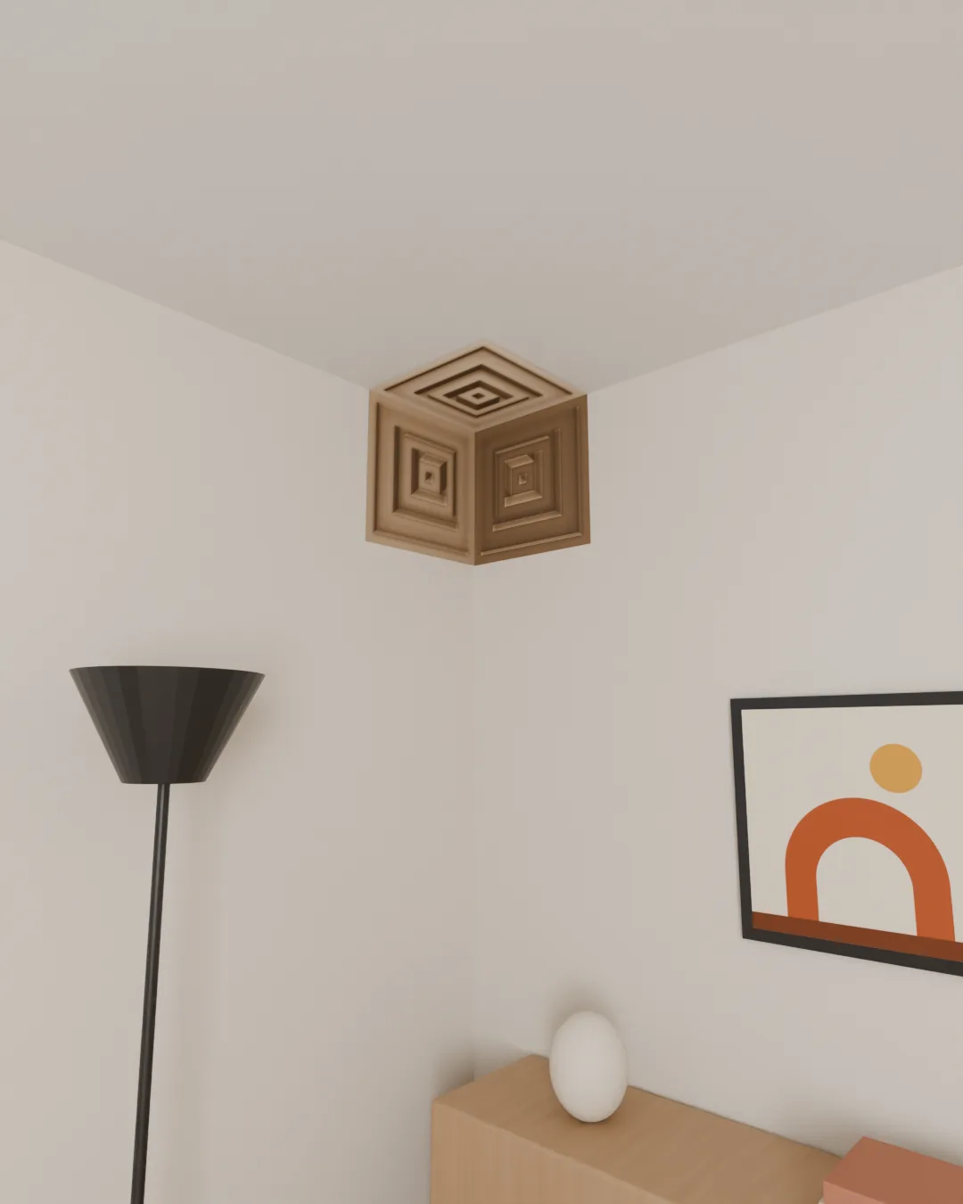 Adesivo 3D de canto Anéis Areia instalado no teto, visto de frente