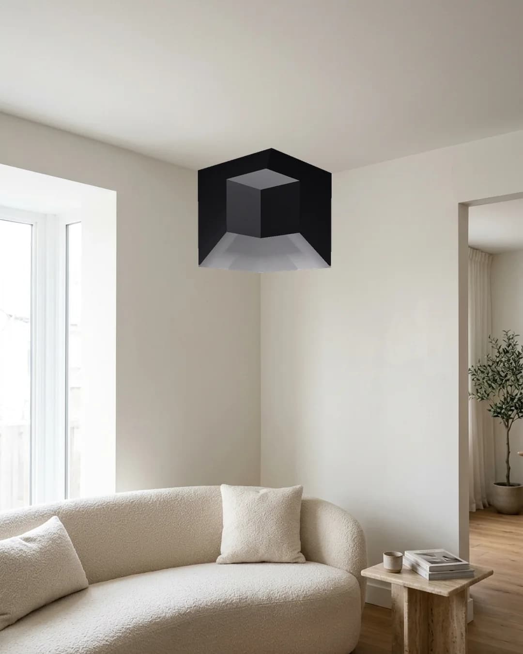 Adesivo 3D de canto Caixa Fumê instalado no teto, visto de frente